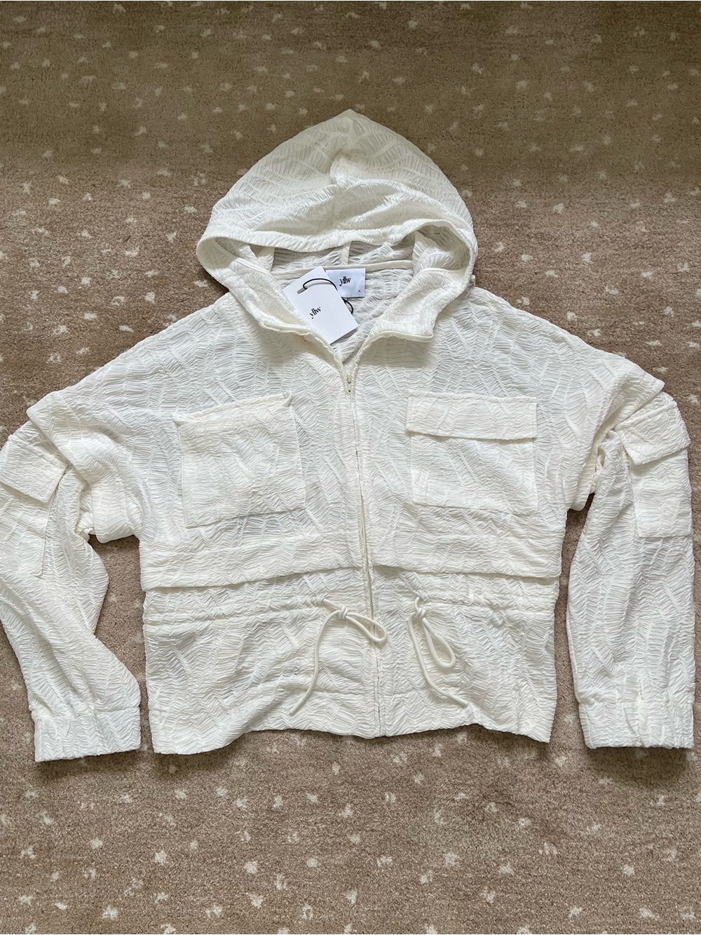Textured Hooded Zip Bomber Jacket in Off-White